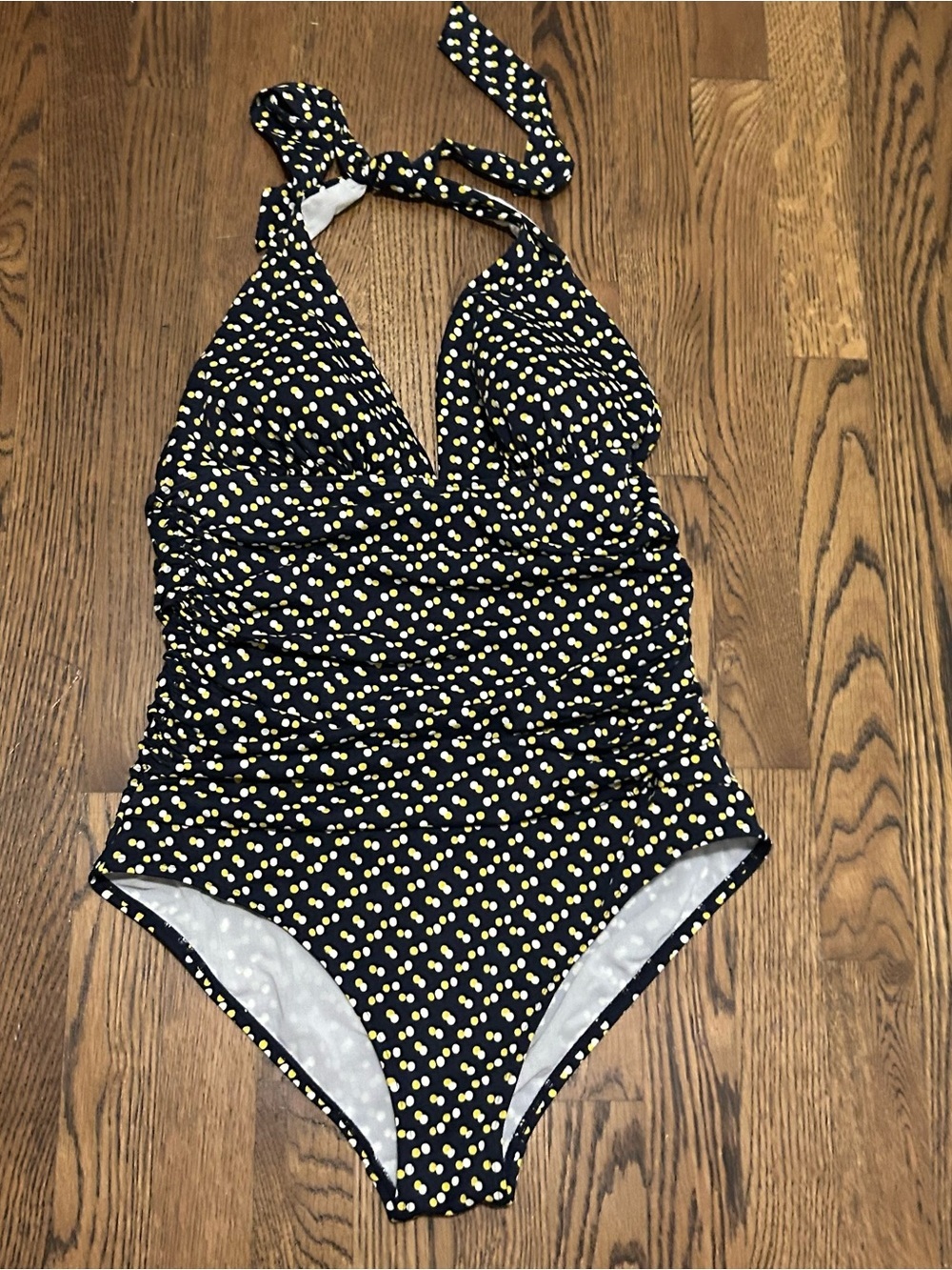 Boden Navy One-Piece Halter Swimsuit with Yellow Dot Print